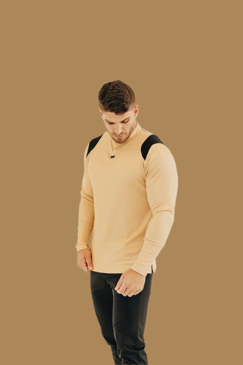 Men's long sleeve golf shirt in King's Gold and black by BodCraft