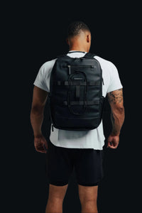 Midnight Black Ai1 Turtle Shell backpack by BodCraft, leather-finish outer layers, 18.5 by 12 by 8 inches