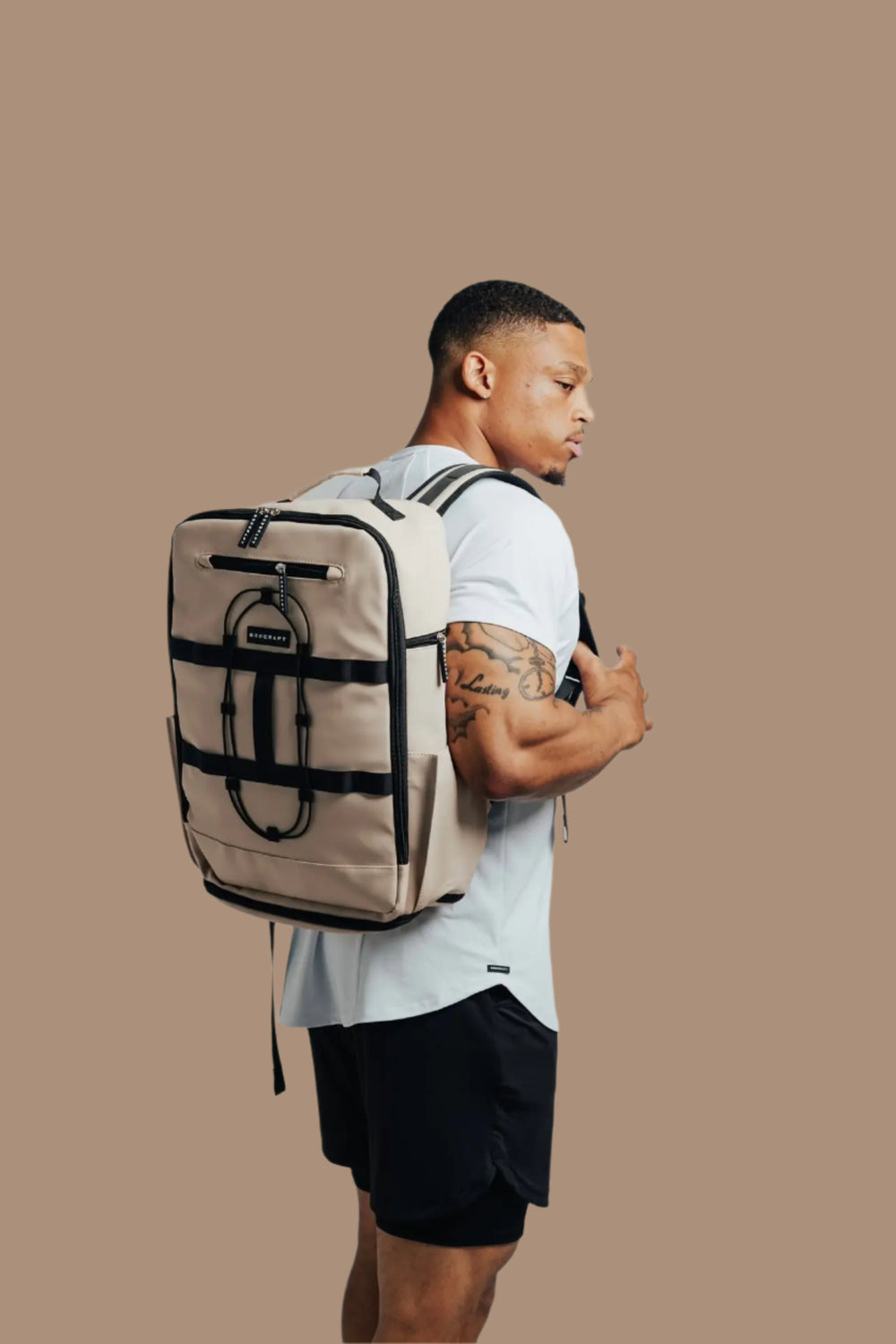 BodCraft Ai1 Turtle Shell backpack in Sand, a heavy-duty gym and travel bag with a vented shoe compartment