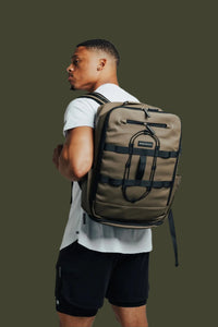 Olive Ai1 Turtle Shell backpack by BodCraft, leather-finish outer layers, 18.5 by 12 by 8 inches