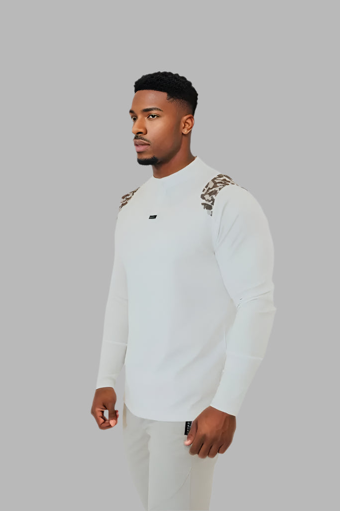 Men's long sleeve golf shirt in white with camo detailing by BodCraft