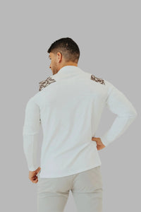 Back view of the White/Camo long sleeve golf shirt, camo panels on both shoulders