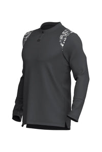 Storm Grey/Camo long sleeve golf shirt render with camo shoulder panels and split hem