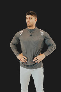 Storm Grey/Camo long sleeve golf shirt, textured knit and fitted cut, hands on hips