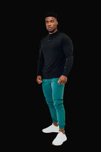 Men's long sleeve golf shirt in all black by BodCraft, moisture-wicking fabric