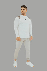 Pebble Grey golf joggers and White/Camo long sleeve golf shirt, front view