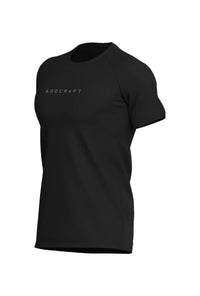 Men's Midnight Black short sleeve workout shirt on a white background, side view