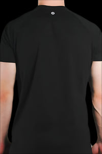 Back of a Midnight Black short sleeve gym shirt showing the neckline logo tab