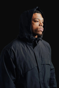 Midnight Black Stealth jacket hood close-up, looking to the side