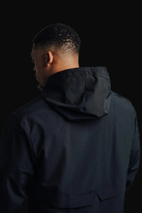 Close-up of the hood on the Midnight Black Stealth jacket