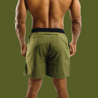 Dark Olive Battle shorts from behind, black waistband and back pocket