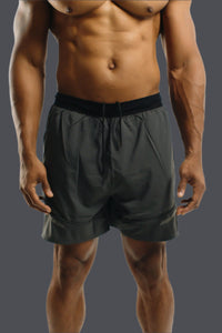 Front view of Storm Grey 5 inch Battle shorts with black drawcord waist