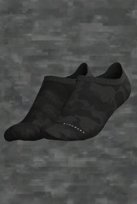 Pair of Midnight Black camo ankle socks on a digital camo backdrop