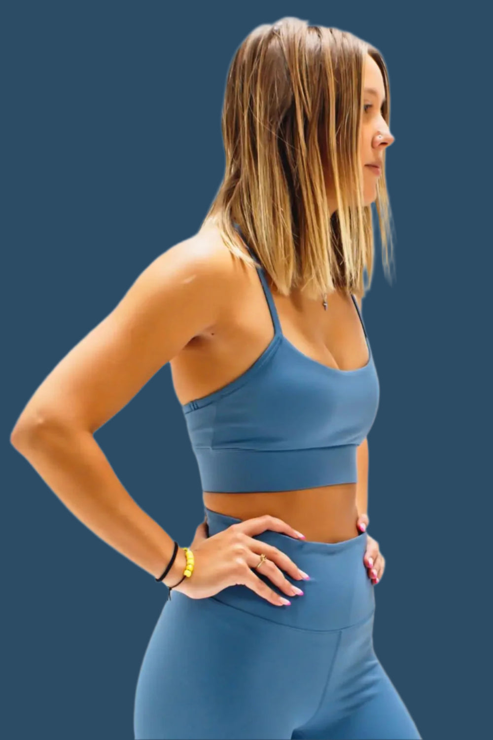 Women's tactical sports bra in Steel Blue by BodCraft, high-stretch supportive fit
