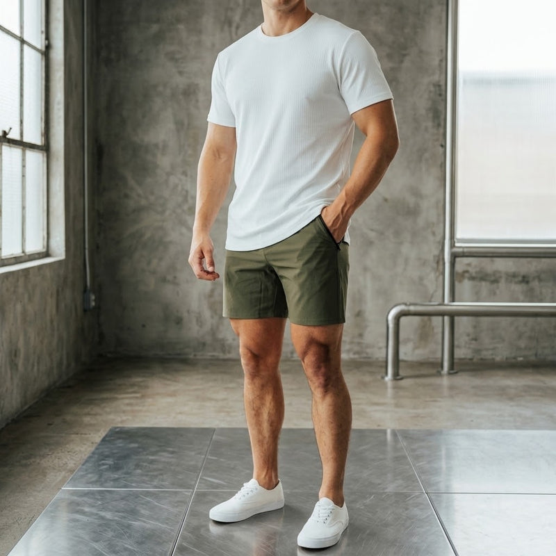 Man in a white tee and Dark Olive 6 inch inseam golf shorts, hand in pocket, concrete loft