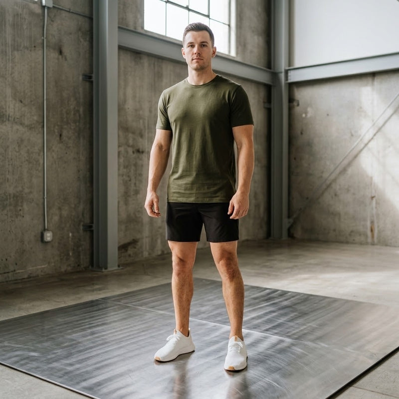 Man in an olive tee and Midnight Black 6 inch inseam golf shorts standing in a concrete loft studio