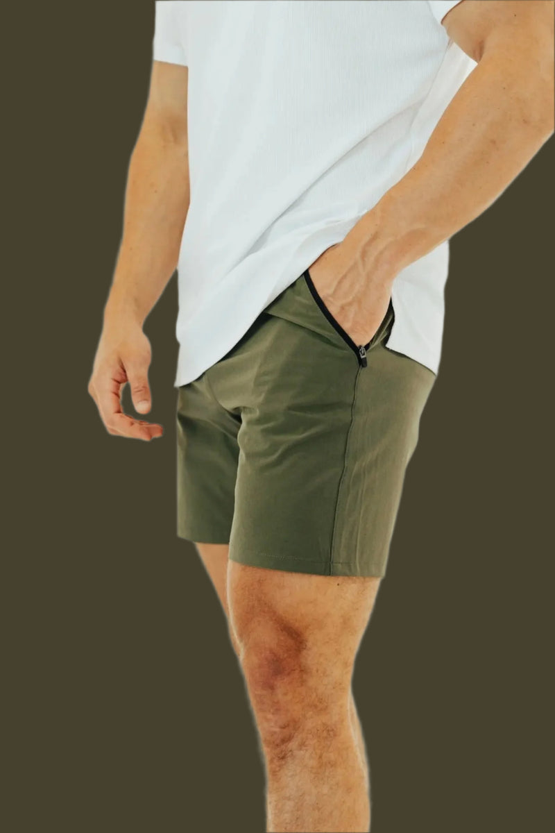 Men's 6 inch inseam golf shorts in Dark Olive by BodCraft, cut to sit above the knee