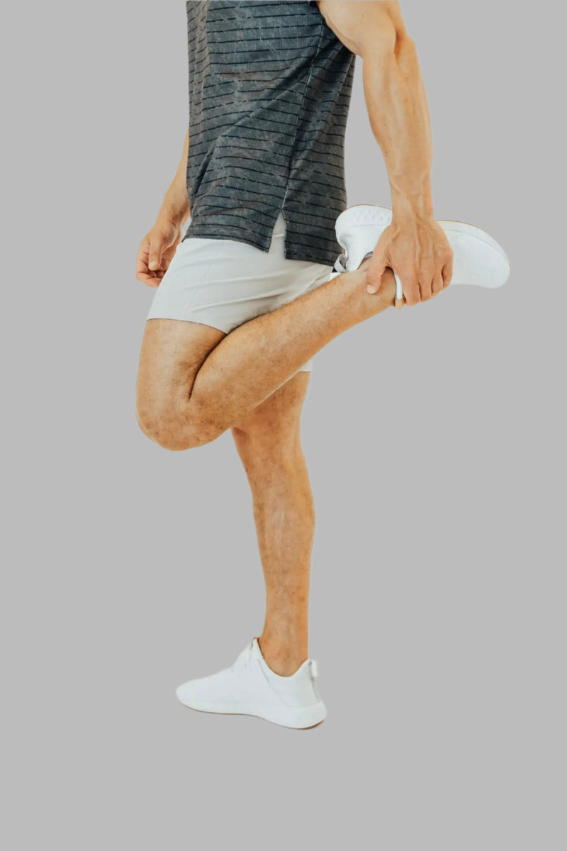 Men's 6 inch inseam golf shorts in Pebble Grey by BodCraft, cut to sit above the knee