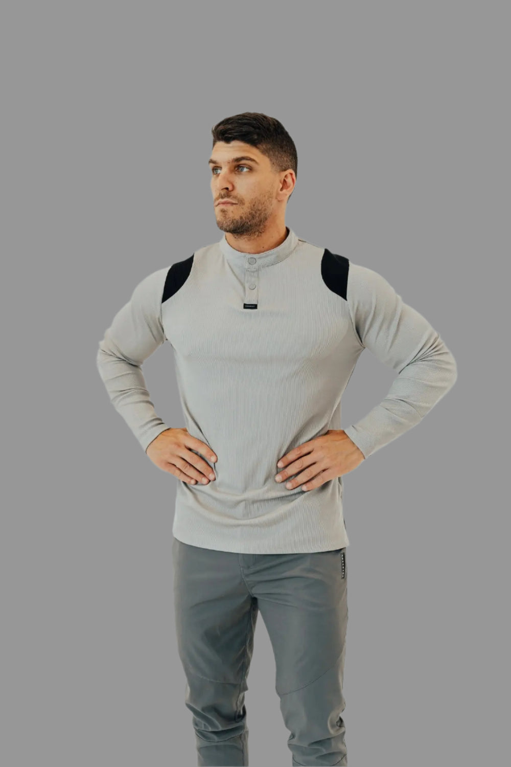Men's long sleeve golf shirt in Ghost Grey with black trim by BodCraft