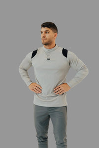 Men's long sleeve golf shirt in Ghost Grey with black trim by BodCraft