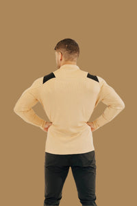 King's Gold/Black long sleeve golf shirt back view, hands on hips