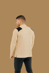 King's Gold long sleeve golf shirt from behind, black panels over the shoulders