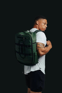 Army Green Ai1 Turtle Shell backpack by BodCraft, leather-finish outer layers, 18.5 by 12 by 8 inches