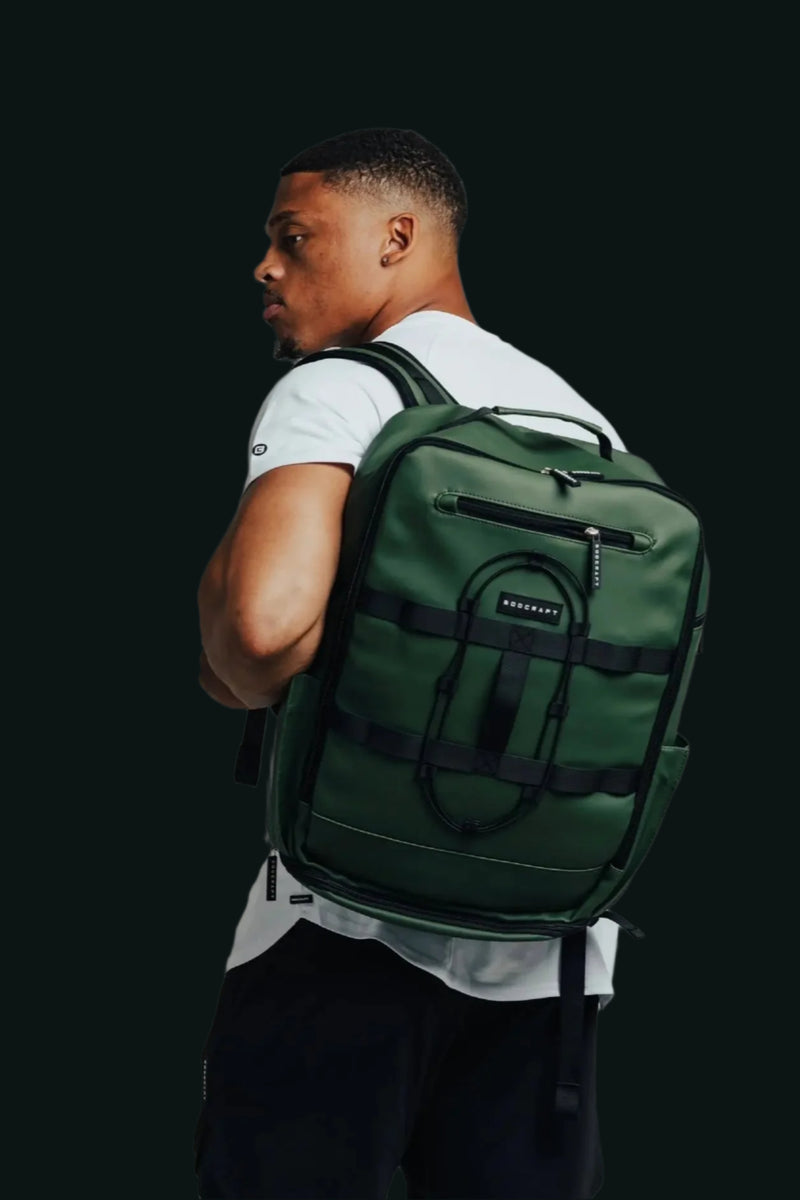 BodCraft Ai1 Turtle Shell backpack in Army Green, a heavy-duty gym and travel bag with a vented shoe compartment