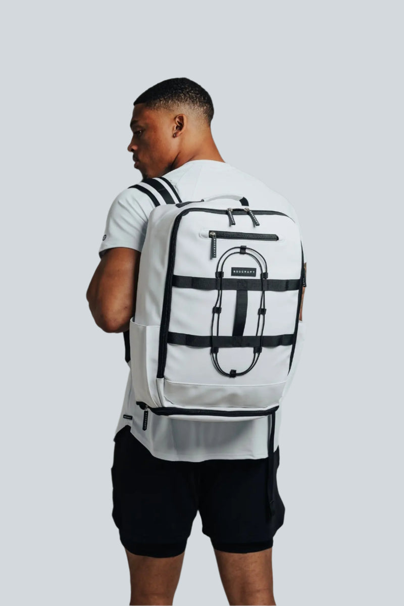 BodCraft Ai1 Turtle Shell backpack in Blizzard White, a heavy-duty gym and travel bag with a vented shoe compartment