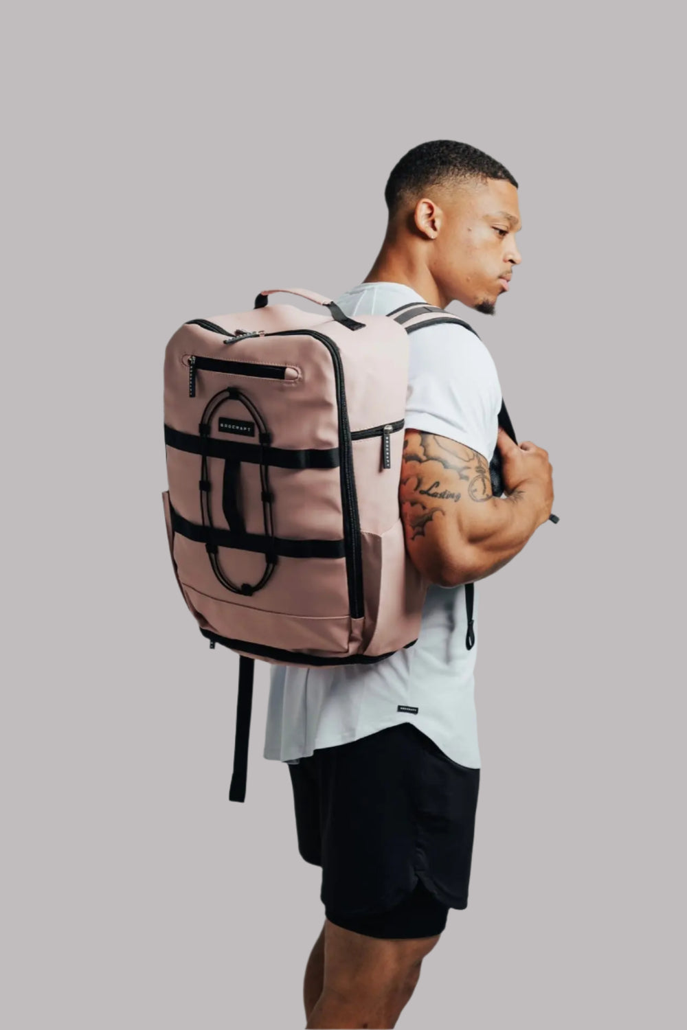 BodCraft Ai1 Turtle Shell backpack in Mauve Pink, a heavy-duty gym and travel bag with a vented shoe compartment