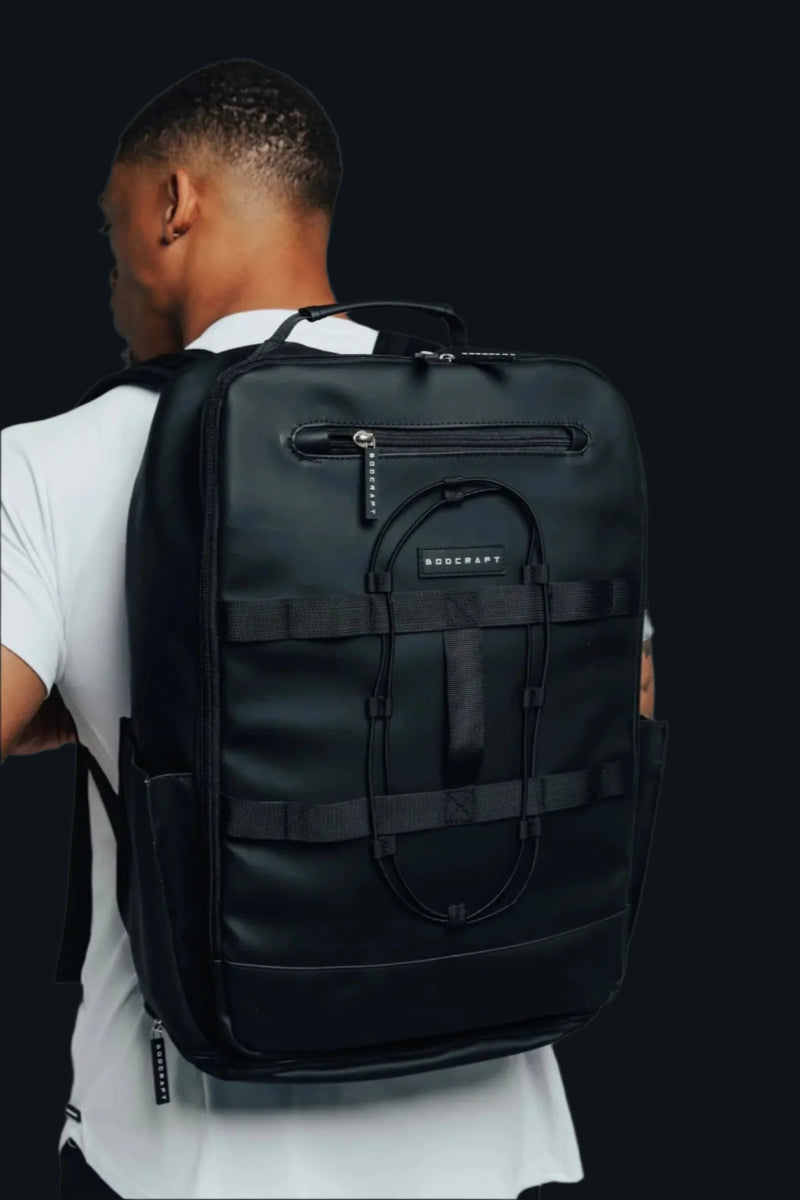 BodCraft Ai1 Turtle Shell backpack in Midnight Black, a heavy-duty gym and travel bag with a vented shoe compartment