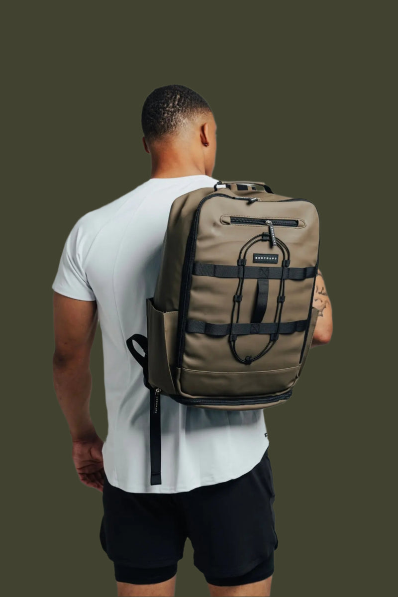 BodCraft Ai1 Turtle Shell backpack in Olive, a heavy-duty gym and travel bag with a vented shoe compartment
