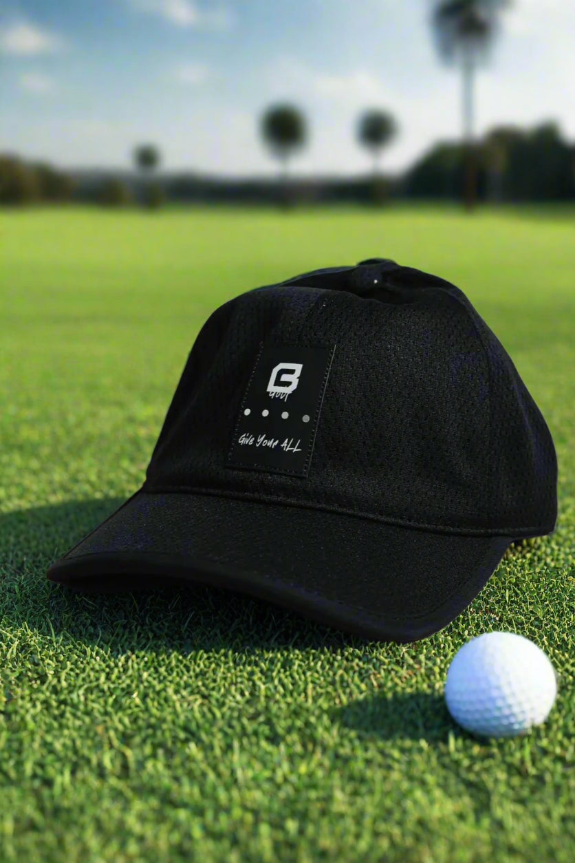 Adjustable golf hat in Midnight Black by BodCraft, woven with a PU leather tag