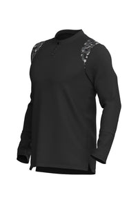 Black/Camo long sleeve golf shirt render with camo yoke and button placket