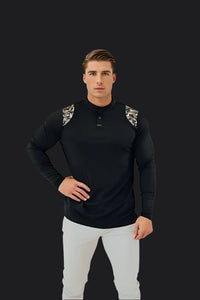 Men's long sleeve golf shirt in black with camo detailing by BodCraft