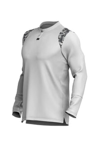 White/Camo long sleeve golf shirt render showing camo shoulders and split side hem