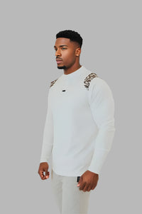 Men's long sleeve golf shirt in white with camo detailing by BodCraft