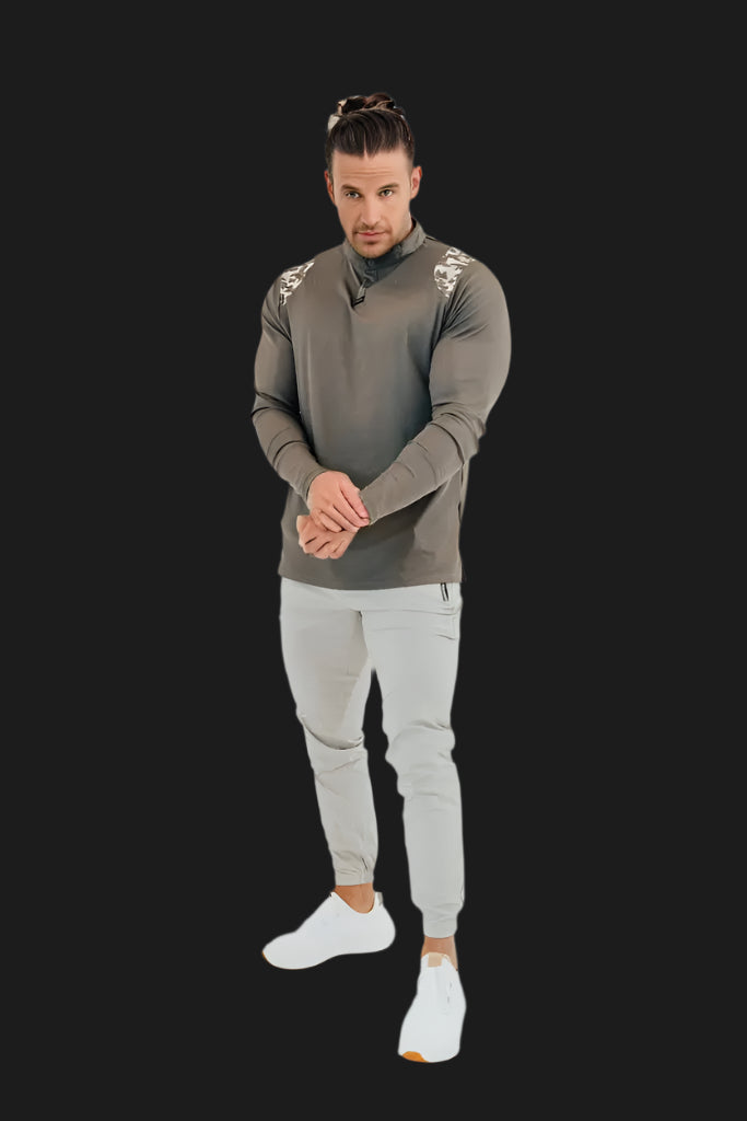 Men's long sleeve golf shirt in Storm Grey with camo detailing by BodCraft