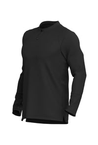 All Black long sleeve golf shirt product render with two-button placket and curved hem