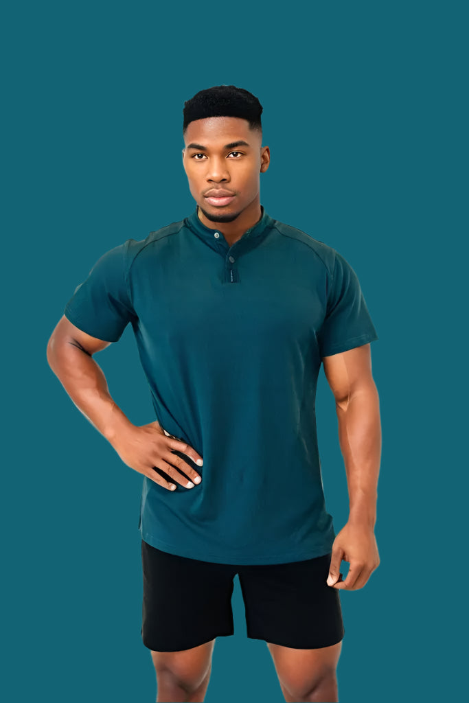 Men's short sleeve golf shirt in Titan Blue by BodCraft, moisture-wicking fabric