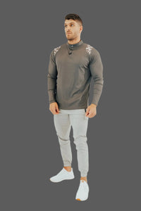 Full-length: Storm Grey/Camo long sleeve golf shirt with Ghost Grey golf joggers