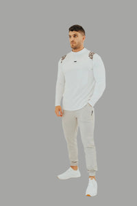 Full-length: White/Camo long sleeve golf shirt with Pebble Grey golf joggers