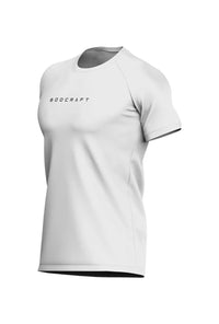 Men's Blizzard White short sleeve workout shirt on a white background, side view