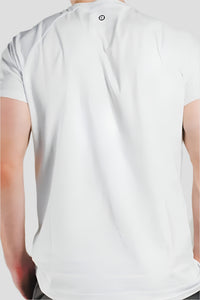 Back of a Blizzard White short sleeve gym shirt showing the neckline logo tab