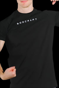Men's black short sleeve workout shirt, close-up of the BODCRAFT chest logo