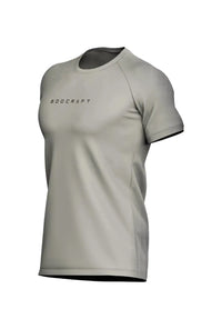Men's Sandstone Grey short sleeve workout shirt on a white background, side view