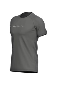 Men's Shadow Grey short sleeve workout shirt on a white background, side view