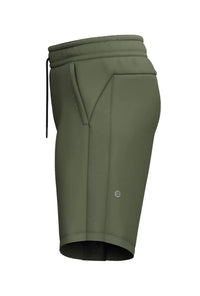 Side profile product shot of Army Green training shorts showing mesh panel and drawstring