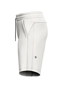 Side profile product shot of white training shorts showing mesh panel and zip pocket