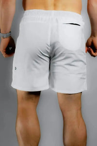 Back close-up of white training shorts showing rear zip pocket
